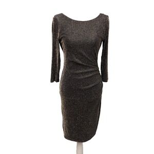 Bebe Body Con Dress Womens 6 Black Gold Scoop Back Ruched Waist Elegant